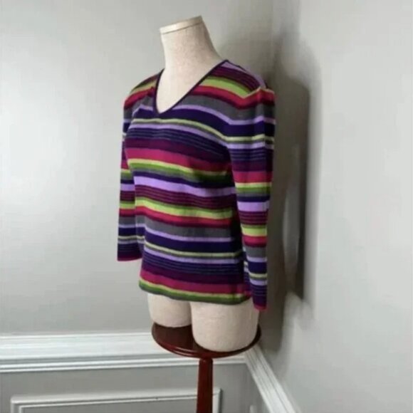 Talbots Striped V-Neck 3/4 Sleeve Sweater Size Purple Green Petite Small - Picture 4 of 6